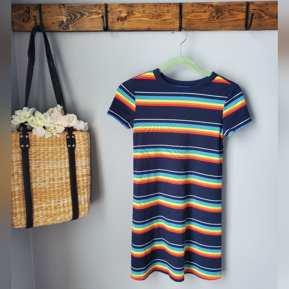 SO Rainbow Ribbed T Shirt Dress XS